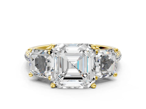 Yellow gold Three-Stone Asscher Cut Diamond Ring with Round with Moissanite side stone Pavé Band and Prong Setting