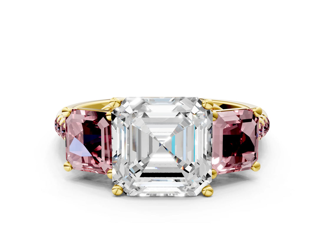 Yellow gold Three-Stone Asscher Cut Diamond Ring with Round with Morganite side stone Pavé Band and Prong Setting