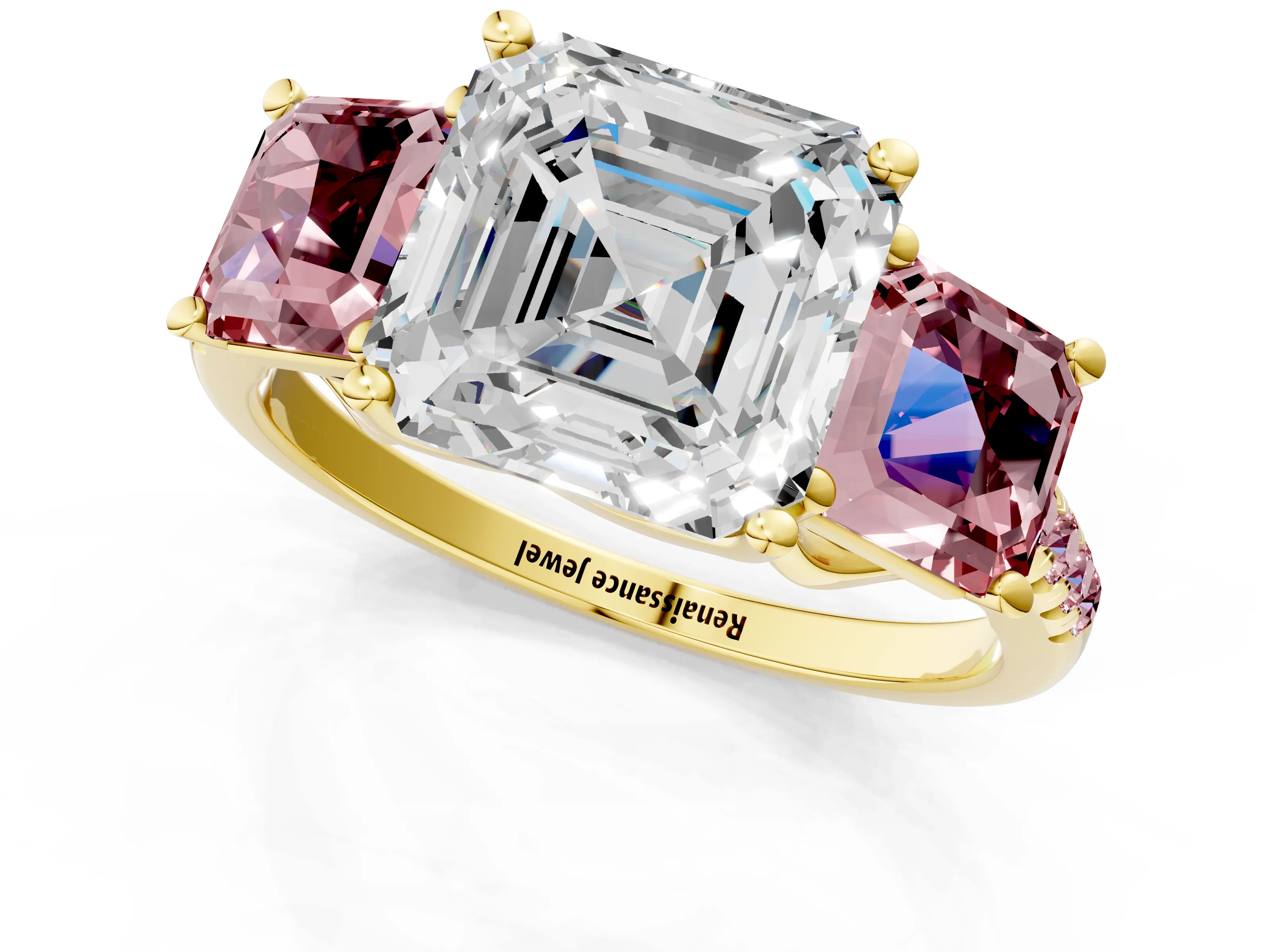 Yellow gold Three-Stone Asscher Cut Diamond Ring with Round with Morganite side stone Pavé Band and Prong Setting_1