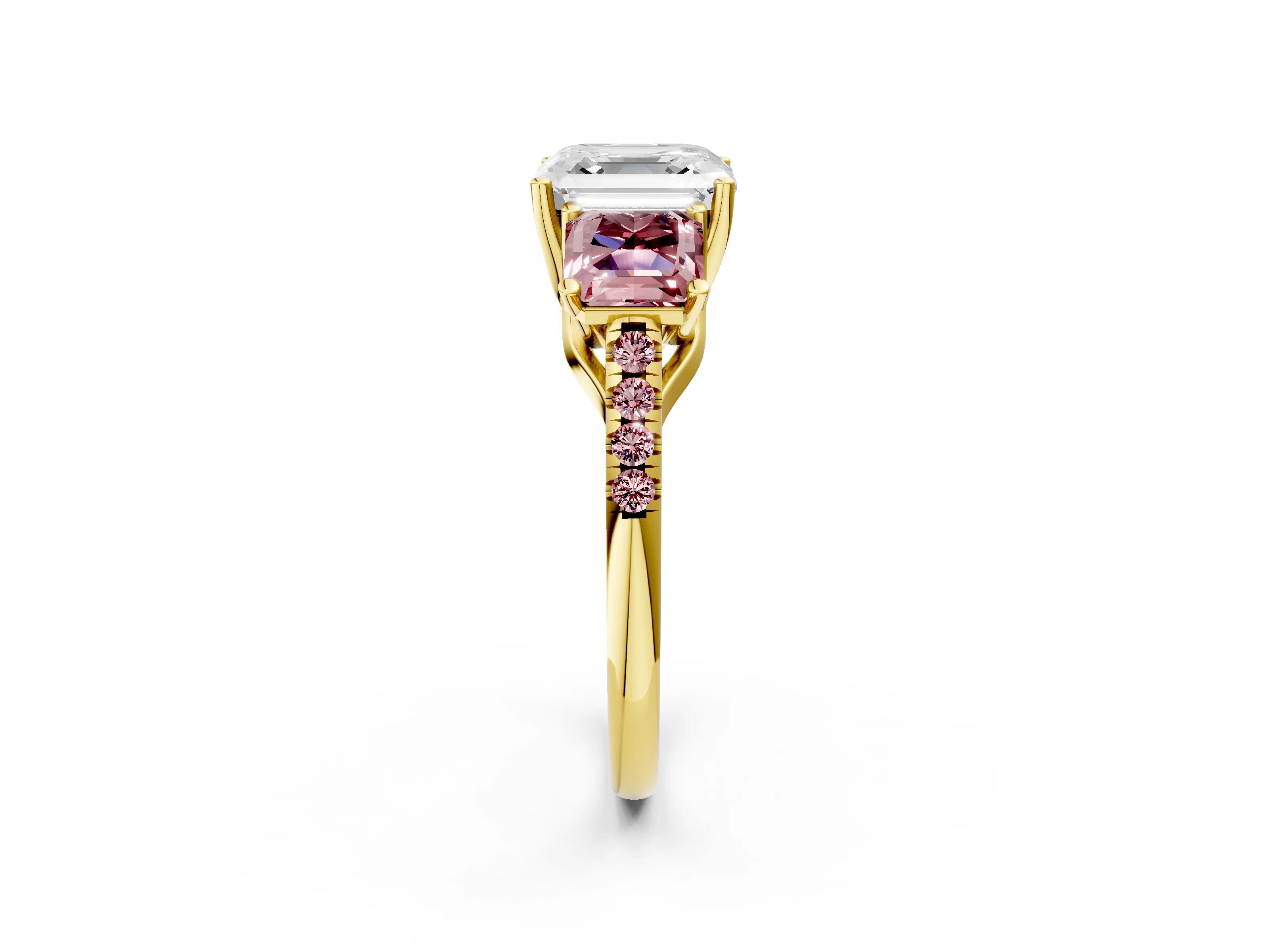 Yellow gold Three-Stone Asscher Cut Diamond Ring with Round with Morganite side stone Pavé Band and Prong Setting_2