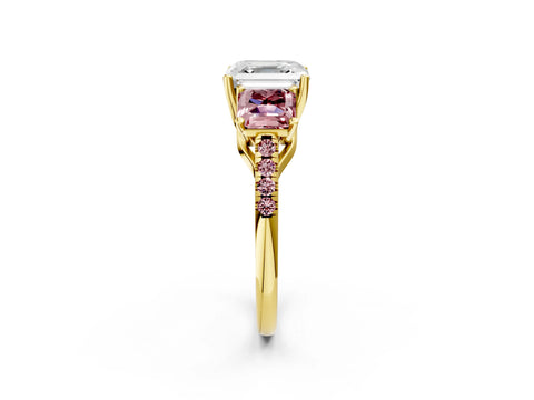 Yellow gold Three-Stone Asscher Cut Diamond Ring with Round with Morganite side stone Pavé Band and Prong Setting_2
