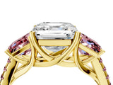 Yellow gold Three-Stone Asscher Cut Diamond Ring with Round with Morganite side stone Pavé Band and Prong Setting_4