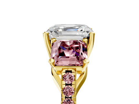 Yellow gold Three-Stone Asscher Cut Diamond Ring with Round with Morganite side stone Pavé Band and Prong Setting_5