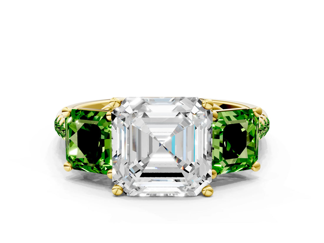 Yellow gold Three-Stone Asscher Cut Diamond Ring with Round with Peridot side stone Pavé Band and Prong Setting