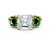 Yellow gold Three-Stone Asscher Cut Diamond Ring with Round with Peridot side stone Pavé Band and Prong Setting