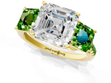 Yellow gold Three-Stone Asscher Cut Diamond Ring with Round with Peridot side stone Pavé Band and Prong Setting_1