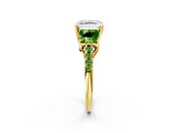 Yellow gold Three-Stone Asscher Cut Diamond Ring with Round with Peridot side stone Pavé Band and Prong Setting_2