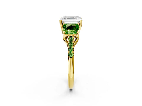 Yellow gold Three-Stone Asscher Cut Diamond Ring with Round with Peridot side stone Pavé Band and Prong Setting_2