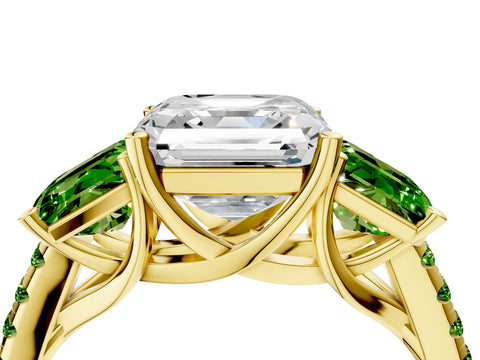 Yellow gold Three-Stone Asscher Cut Diamond Ring with Round with Peridot side stone Pavé Band and Prong Setting_4