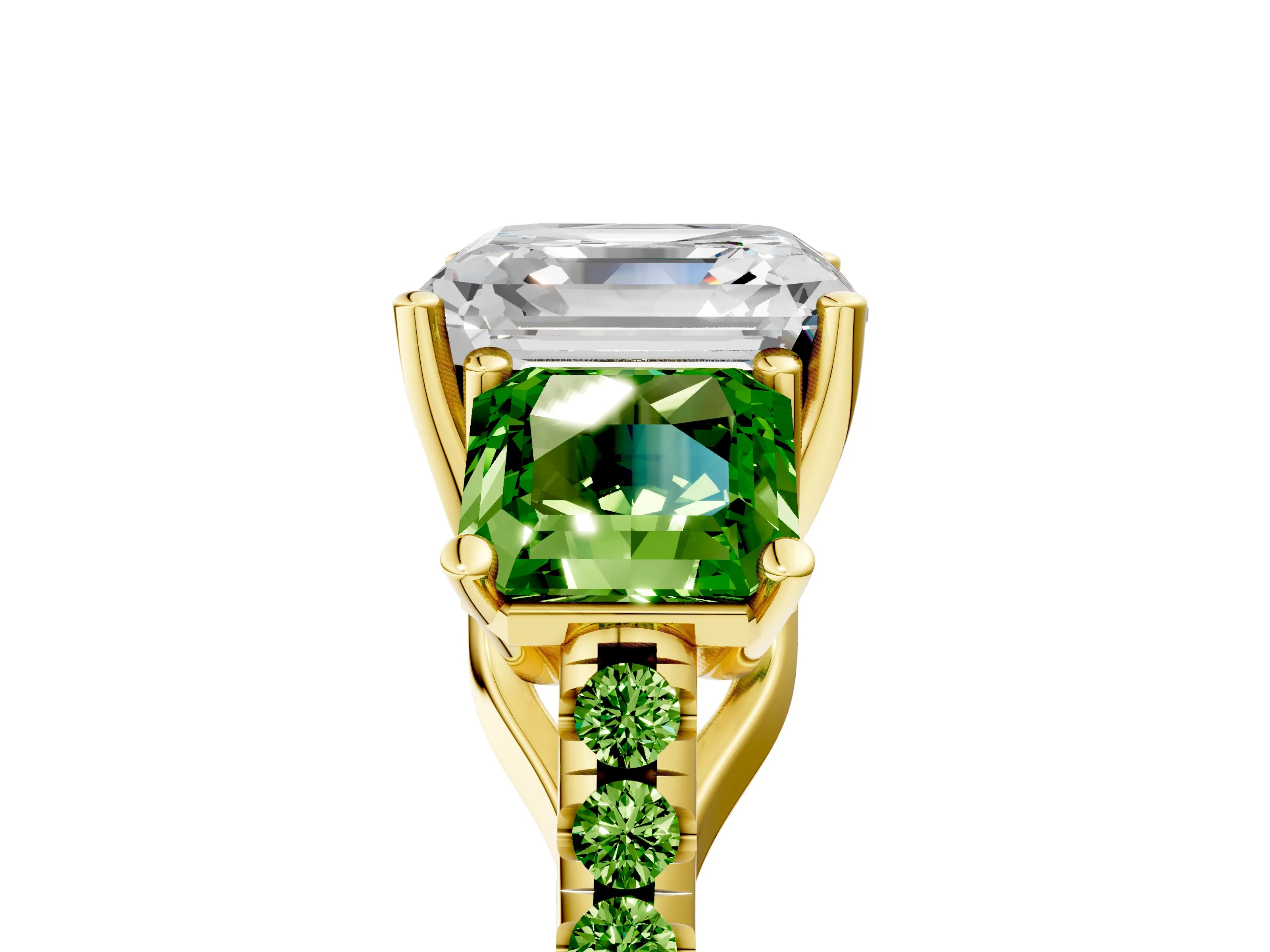 Yellow gold Three-Stone Asscher Cut Diamond Ring with Round with Peridot side stone Pavé Band and Prong Setting_5