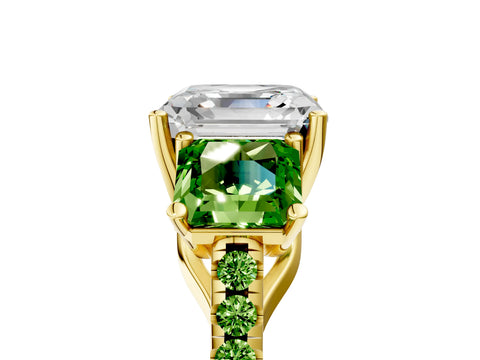 Yellow gold Three-Stone Asscher Cut Diamond Ring with Round with Peridot side stone Pavé Band and Prong Setting_5