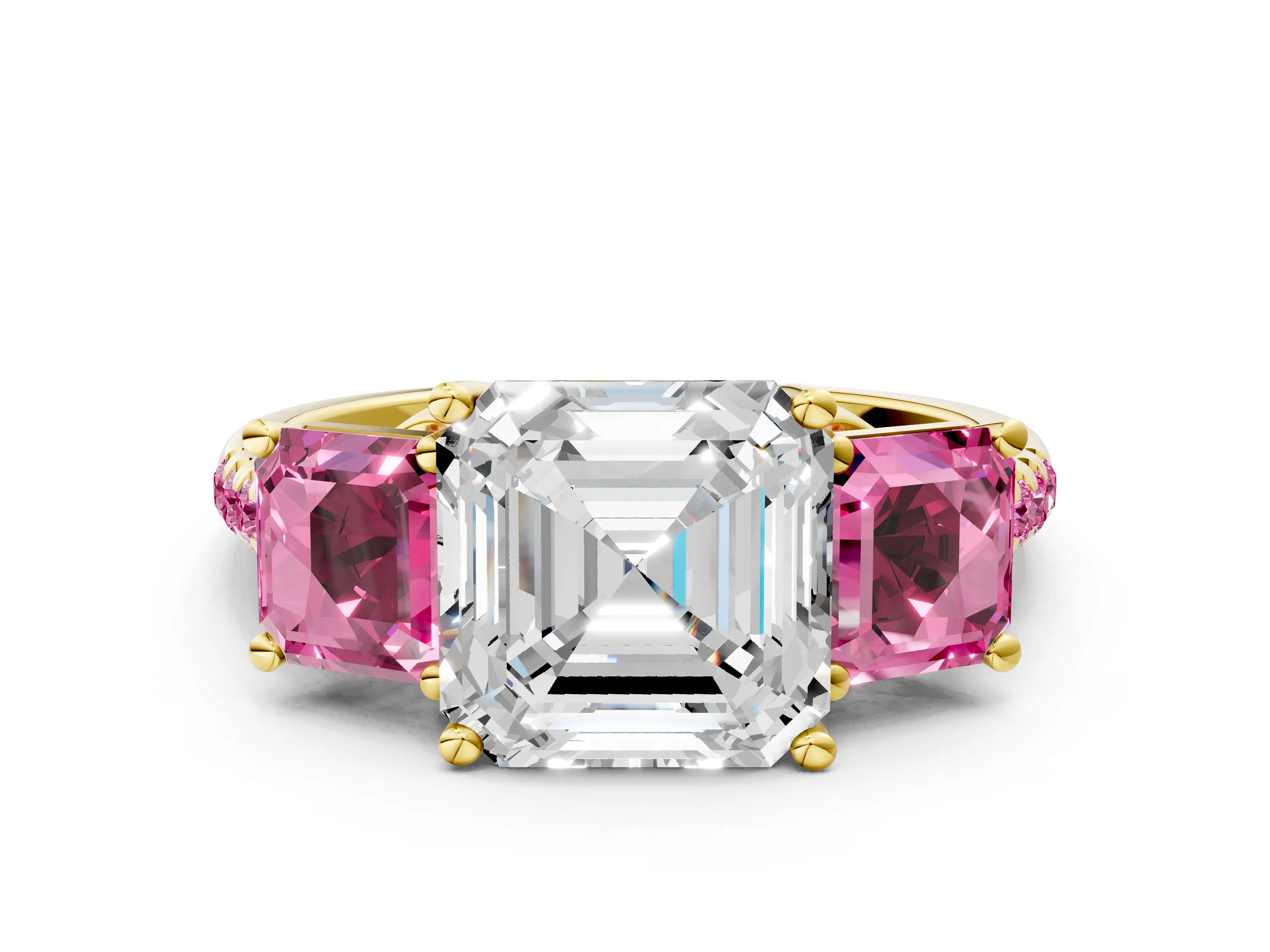 Yellow gold Three-Stone Asscher Cut Diamond Ring with Round with Pink Sapphire side stone Pavé Band and Prong Setting