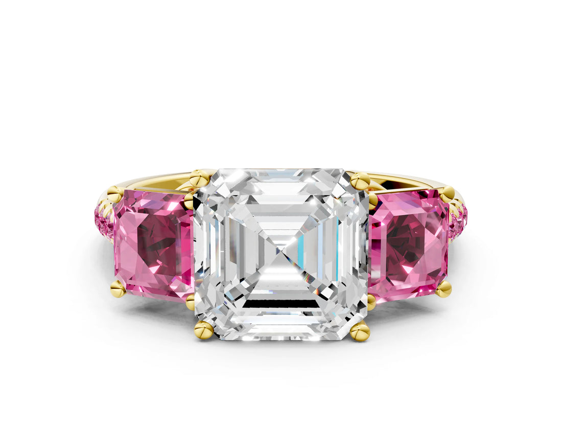 Yellow gold Three-Stone Asscher Cut Diamond Ring with Round with Pink Sapphire side stone Pavé Band and Prong Setting