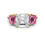 Yellow gold Three-Stone Asscher Cut Diamond Ring with Round with Pink Sapphire side stone Pavé Band and Prong Setting