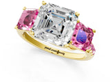 Yellow gold Three-Stone Asscher Cut Diamond Ring with Round with Pink Sapphire side stone Pavé Band and Prong Setting_1