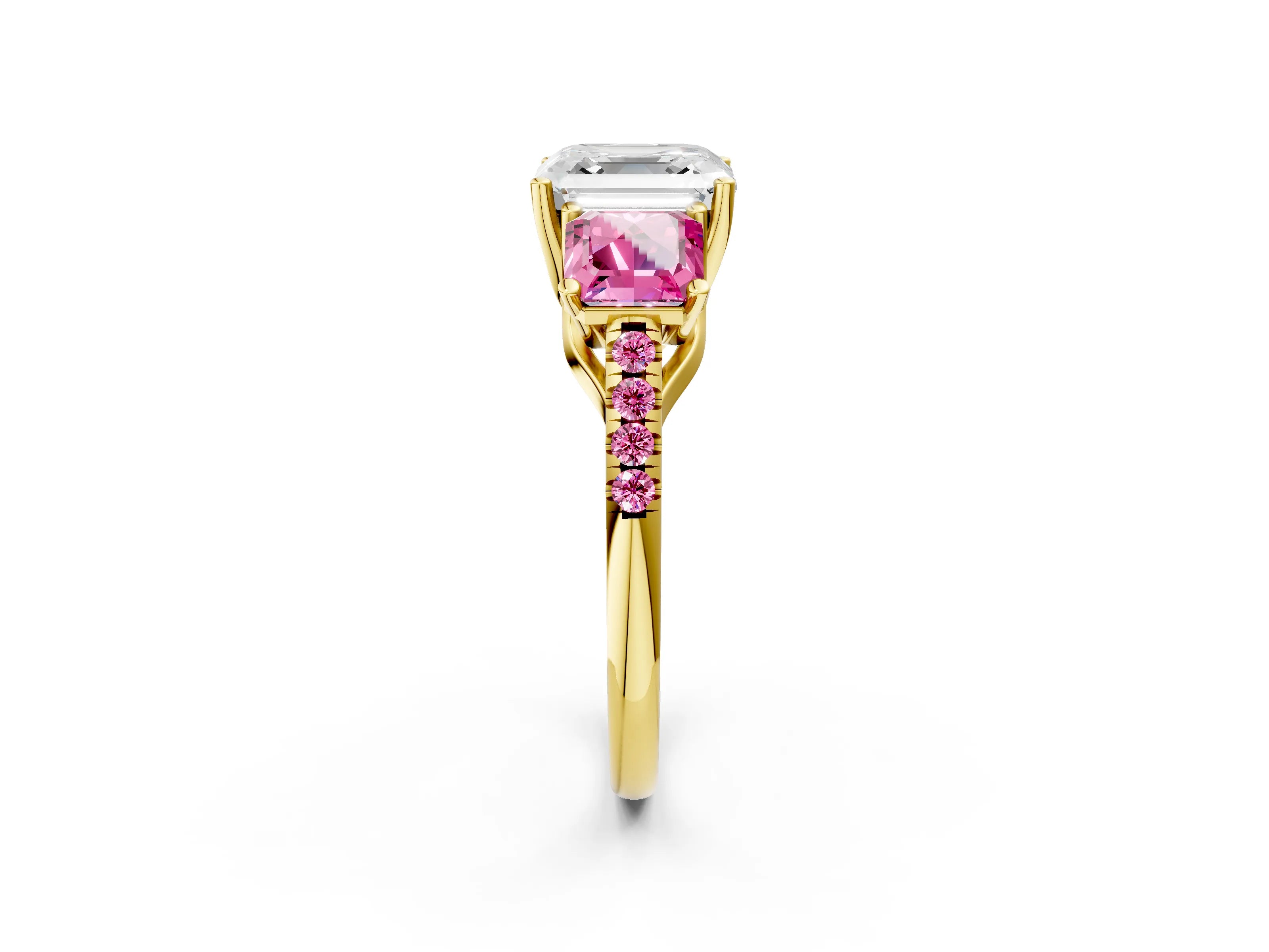 Yellow gold Three-Stone Asscher Cut Diamond Ring with Round with Pink Sapphire side stone Pavé Band and Prong Setting_2
