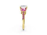Yellow gold Three-Stone Asscher Cut Diamond Ring with Round with Pink Sapphire side stone Pavé Band and Prong Setting_2