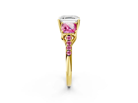 Yellow gold Three-Stone Asscher Cut Diamond Ring with Round with Pink Sapphire side stone Pavé Band and Prong Setting_2