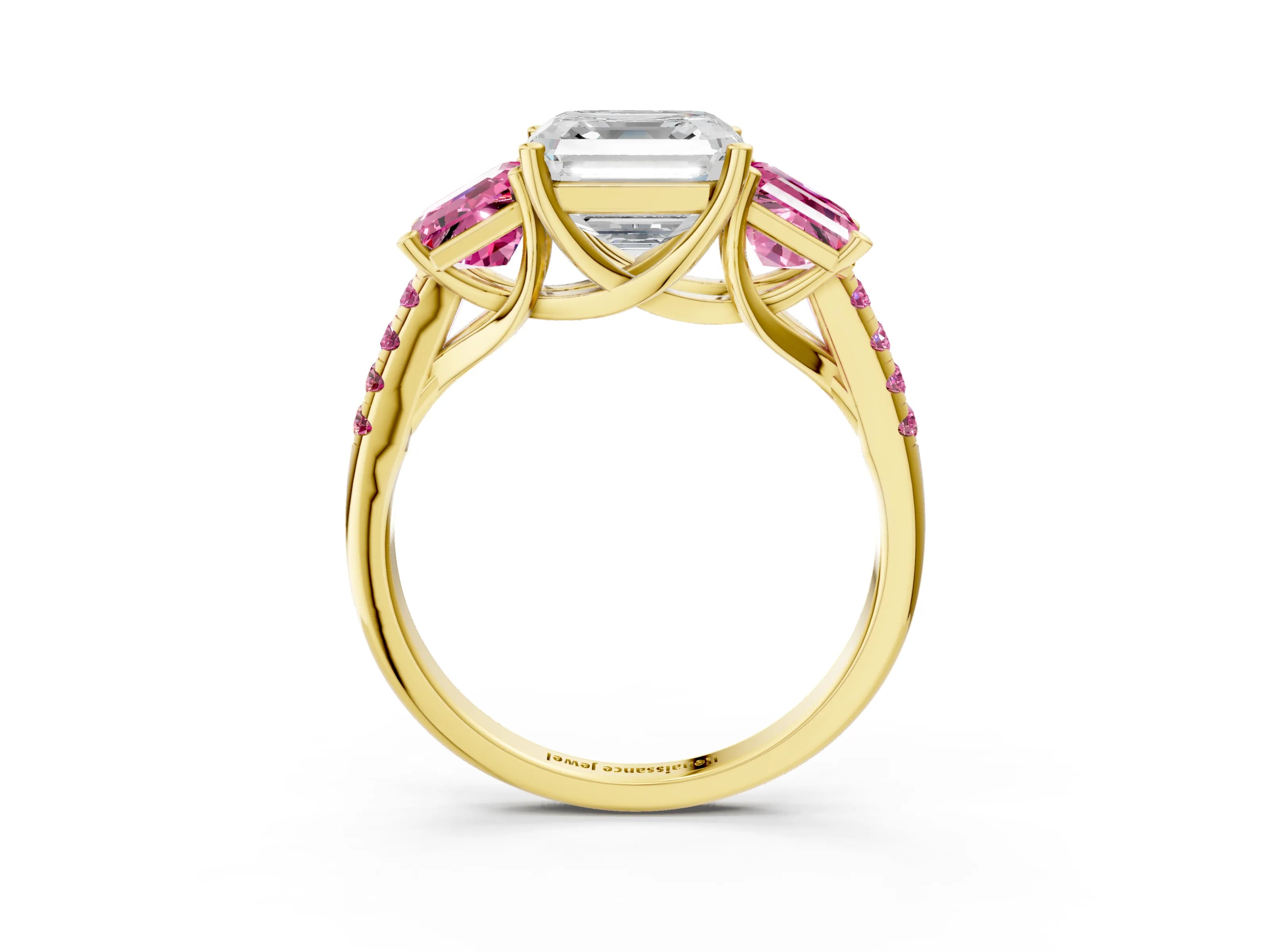 Yellow gold Three-Stone Asscher Cut Diamond Ring with Round with Pink Sapphire side stone Pavé Band and Prong Setting_3
