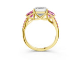 Yellow gold Three-Stone Asscher Cut Diamond Ring with Round with Pink Sapphire side stone Pavé Band and Prong Setting_3