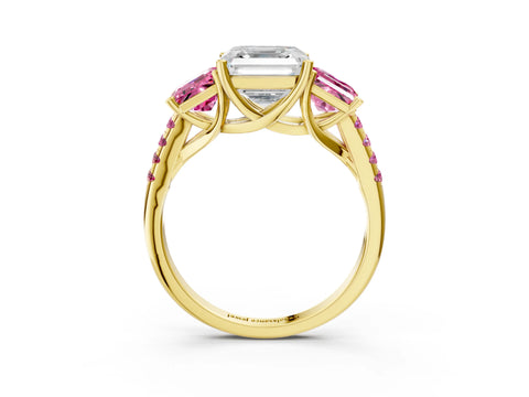 Yellow gold Three-Stone Asscher Cut Diamond Ring with Round with Pink Sapphire side stone Pavé Band and Prong Setting_3