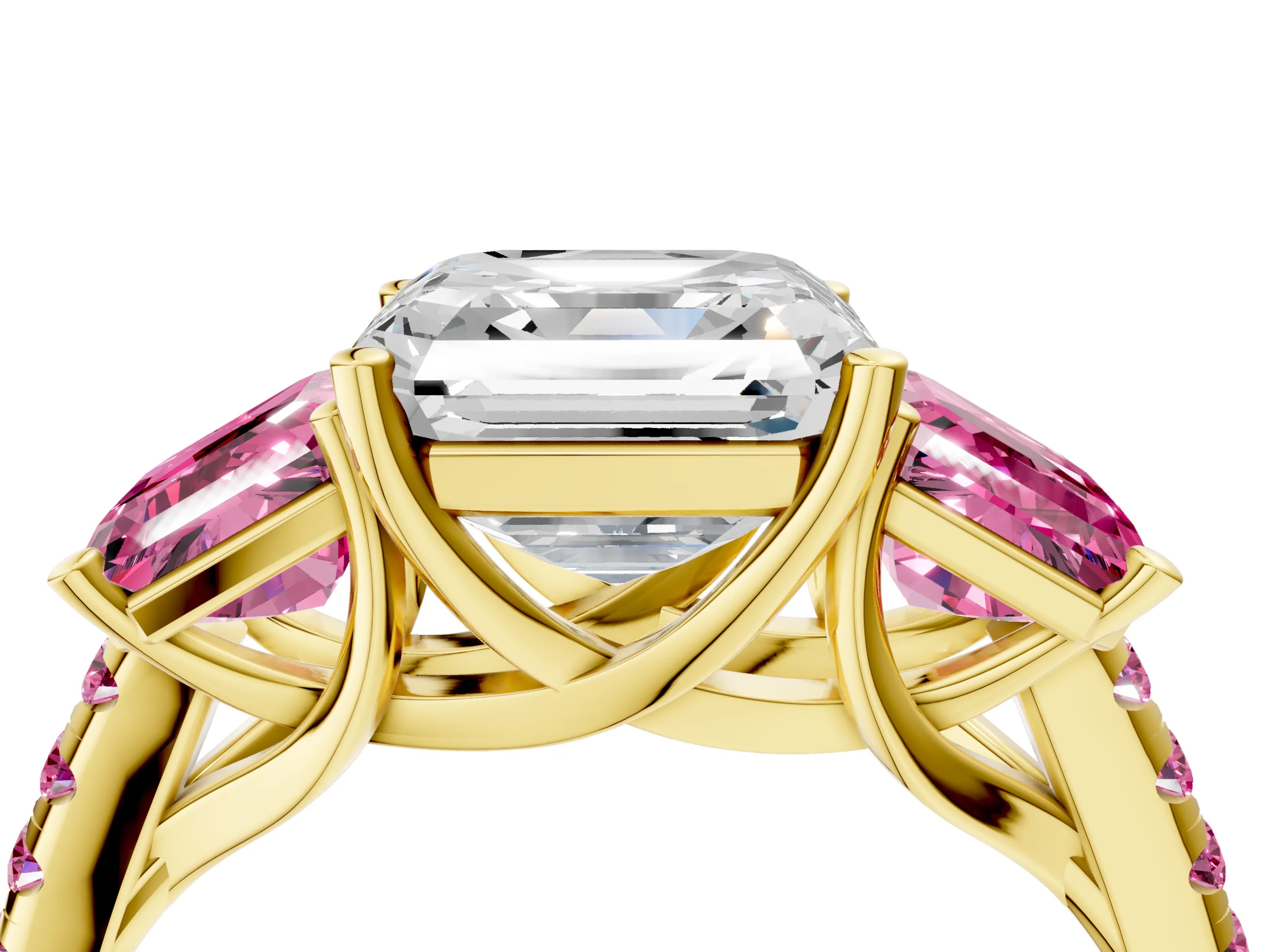 Yellow gold Three-Stone Asscher Cut Diamond Ring with Round with Pink Sapphire side stone Pavé Band and Prong Setting_4