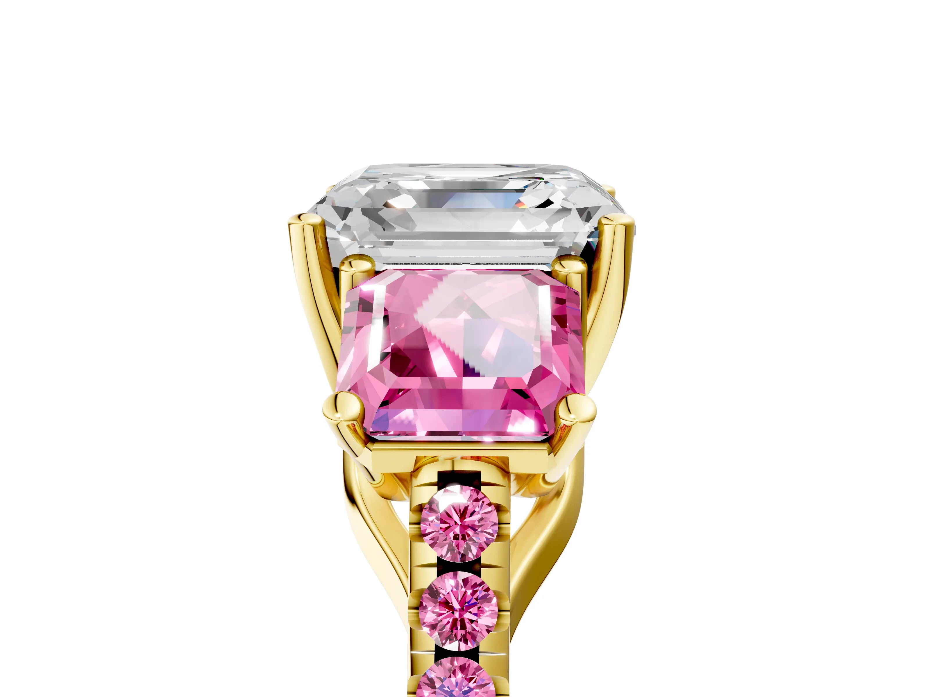 Yellow gold Three-Stone Asscher Cut Diamond Ring with Round with Pink Sapphire side stone Pavé Band and Prong Setting_5