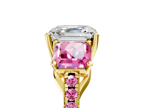 Yellow gold Three-Stone Asscher Cut Diamond Ring with Round with Pink Sapphire side stone Pavé Band and Prong Setting_5
