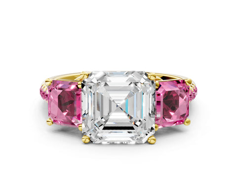 Yellow gold Three-Stone Asscher Cut Diamond Ring with Round with Pink Sapphire side stone Pavé Band and Prong Setting
