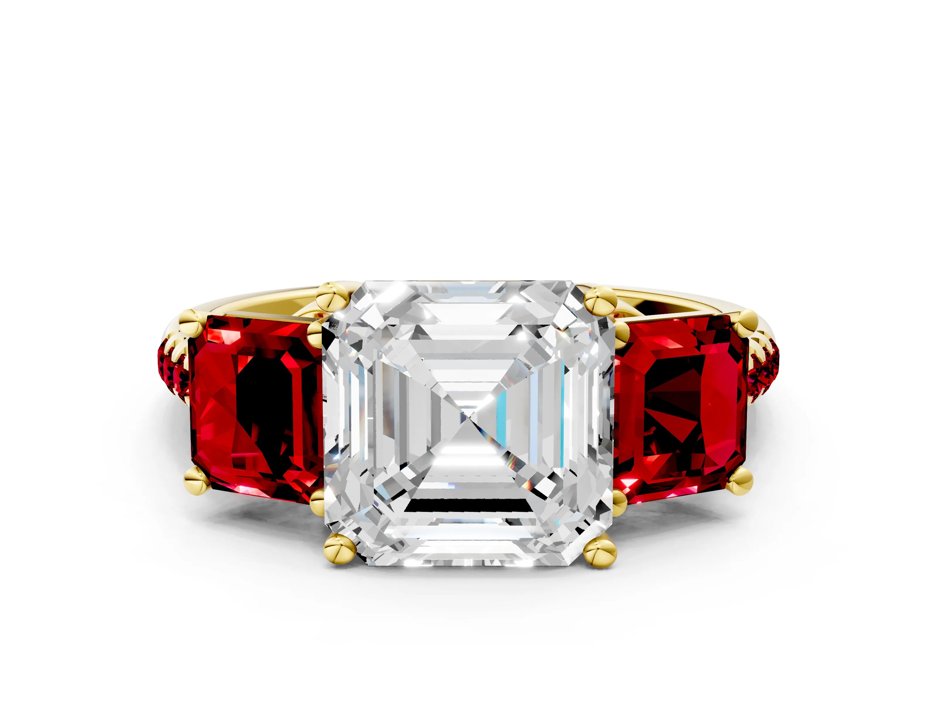 Yellow gold Three-Stone Asscher Cut Diamond Ring with Round with Ruby side stone Pavé Band and Prong Setting