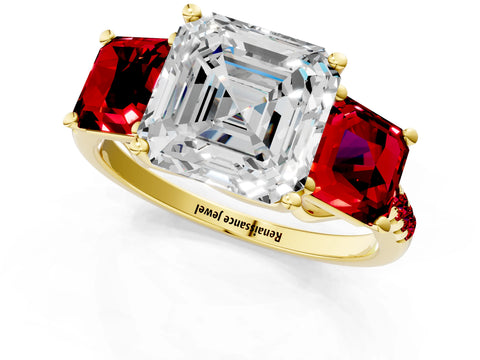 Yellow gold Three-Stone Asscher Cut Diamond Ring with Round with Ruby side stone Pavé Band and Prong Setting_1