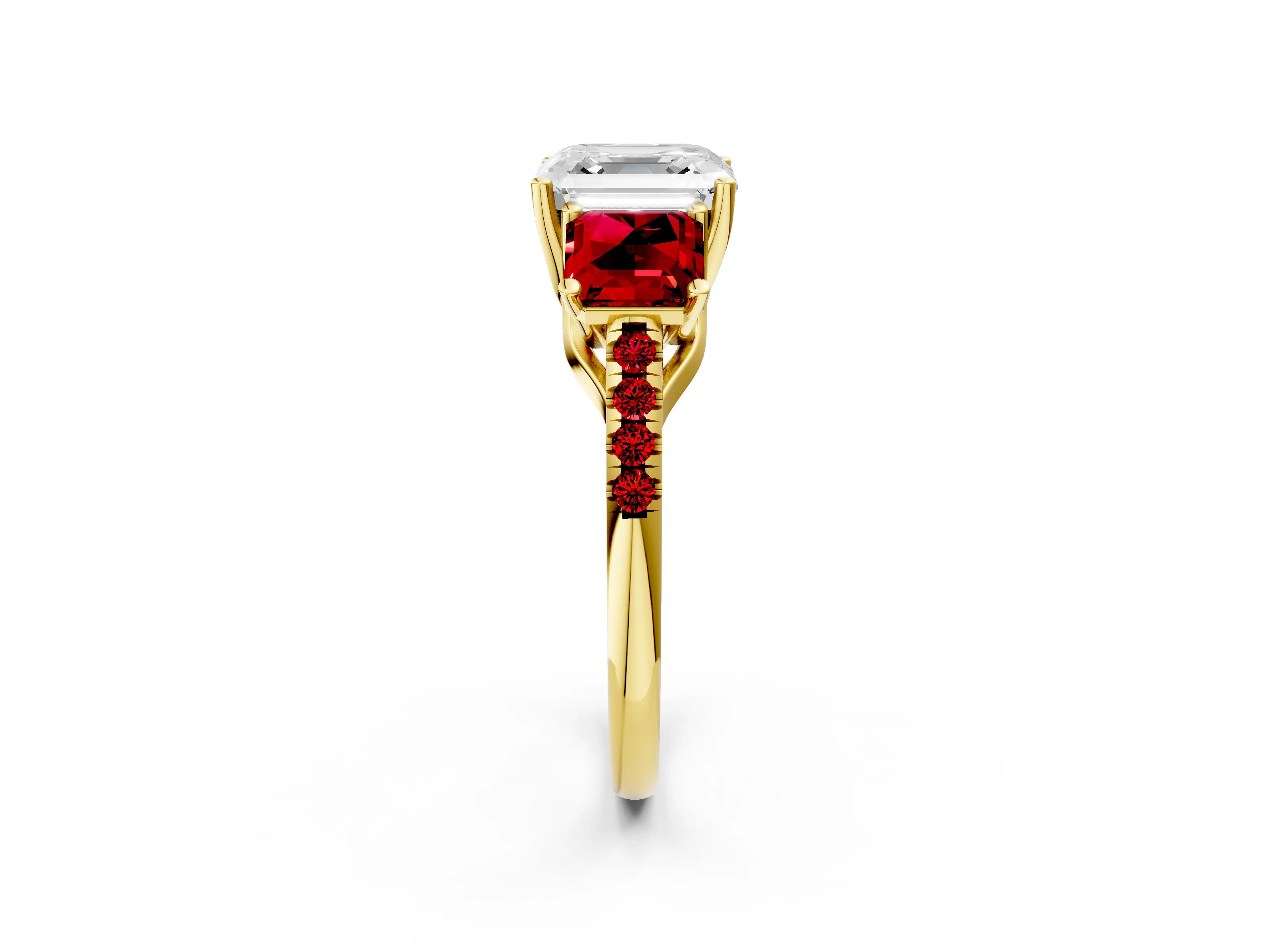Yellow gold Three-Stone Asscher Cut Diamond Ring with Round with Ruby side stone Pavé Band and Prong Setting_2