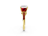 Yellow gold Three-Stone Asscher Cut Diamond Ring with Round with Ruby side stone Pavé Band and Prong Setting_2
