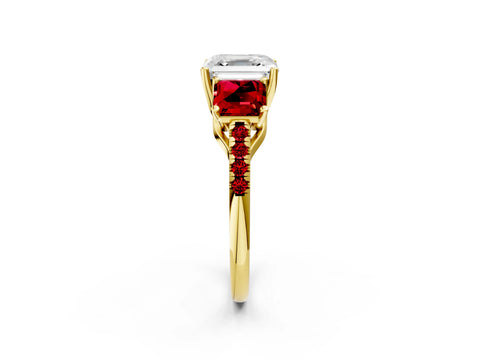 Yellow gold Three-Stone Asscher Cut Diamond Ring with Round with Ruby side stone Pavé Band and Prong Setting_2