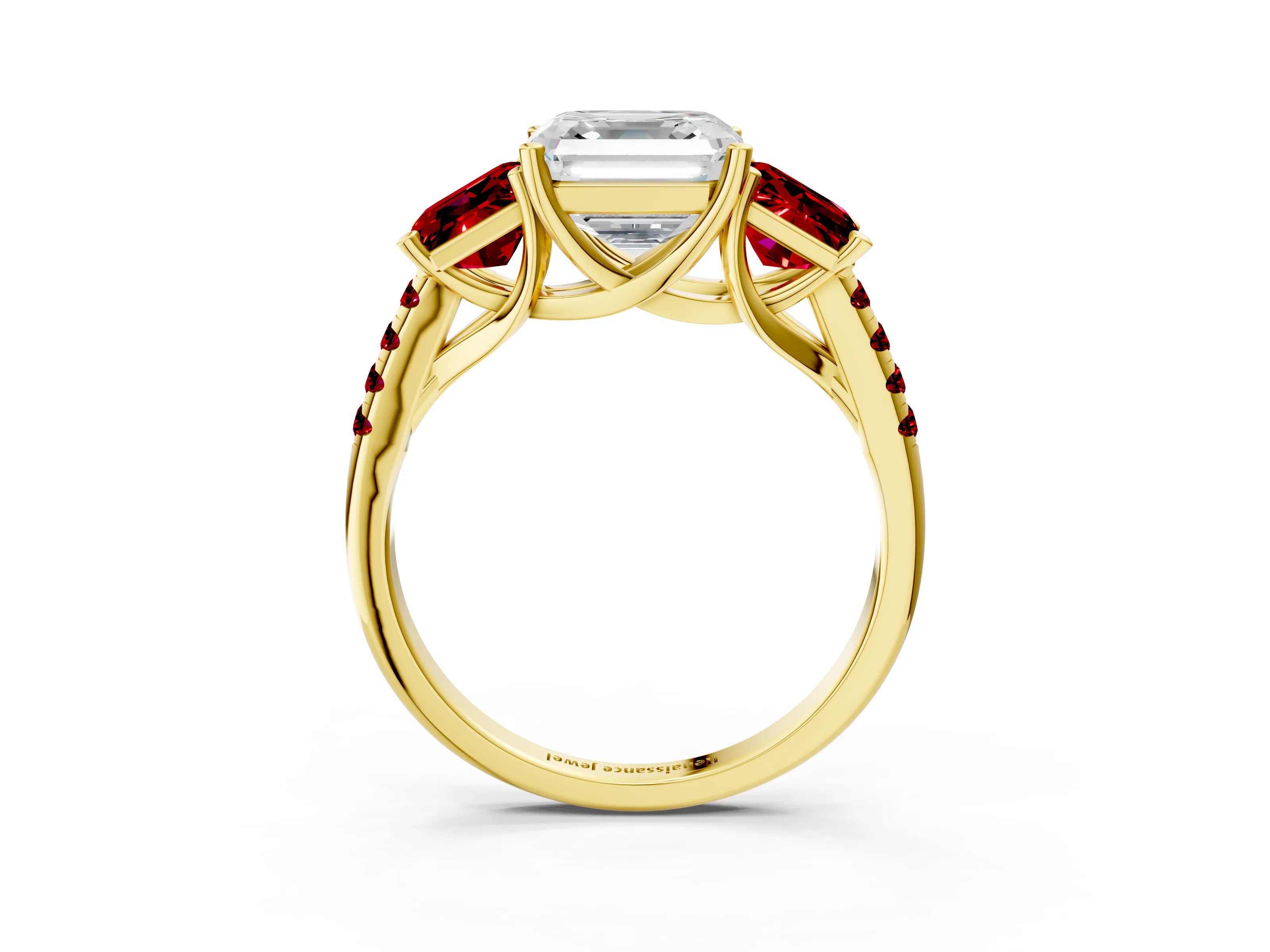 Yellow gold Three-Stone Asscher Cut Diamond Ring with Round with Ruby side stone Pavé Band and Prong Setting_3