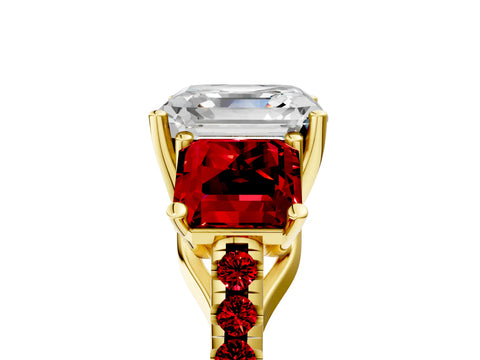Yellow gold Three-Stone Asscher Cut Diamond Ring with Round with Ruby side stone Pavé Band and Prong Setting_5