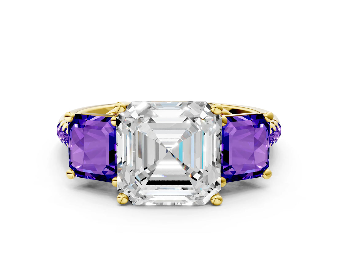Yellow gold Three-Stone Asscher Cut Diamond Ring with Round with Tanzanite side stone Pavé Band and Prong Setting