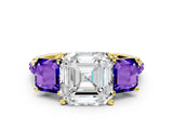 Yellow gold Three-Stone Asscher Cut Diamond Ring with Round with Tanzanite side stone Pavé Band and Prong Setting