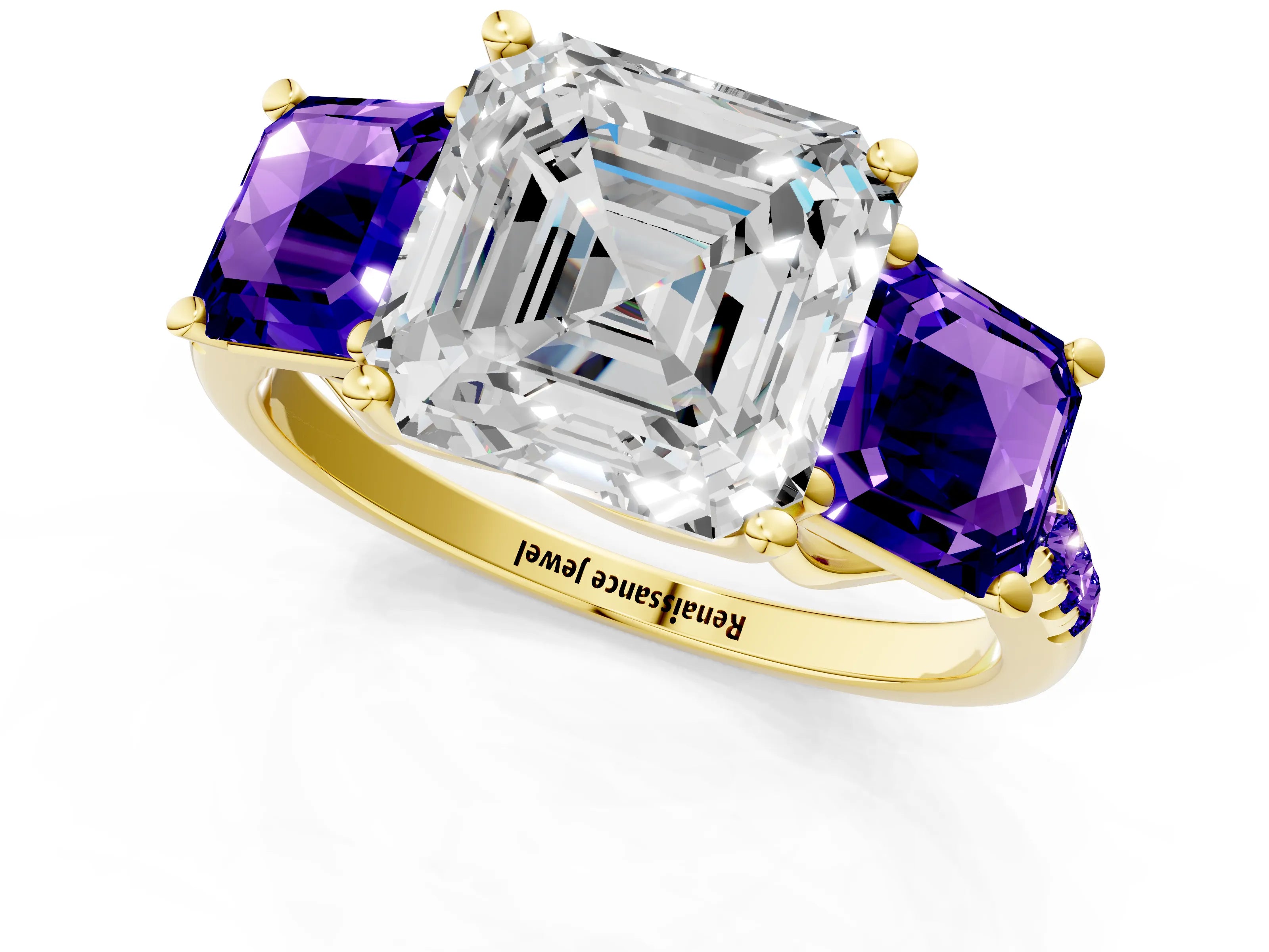 Yellow gold Three-Stone Asscher Cut Diamond Ring with Round with Tanzanite side stone Pavé Band and Prong Setting_1