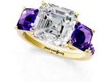 Yellow gold Three-Stone Asscher Cut Diamond Ring with Round with Tanzanite side stone Pavé Band and Prong Setting_1