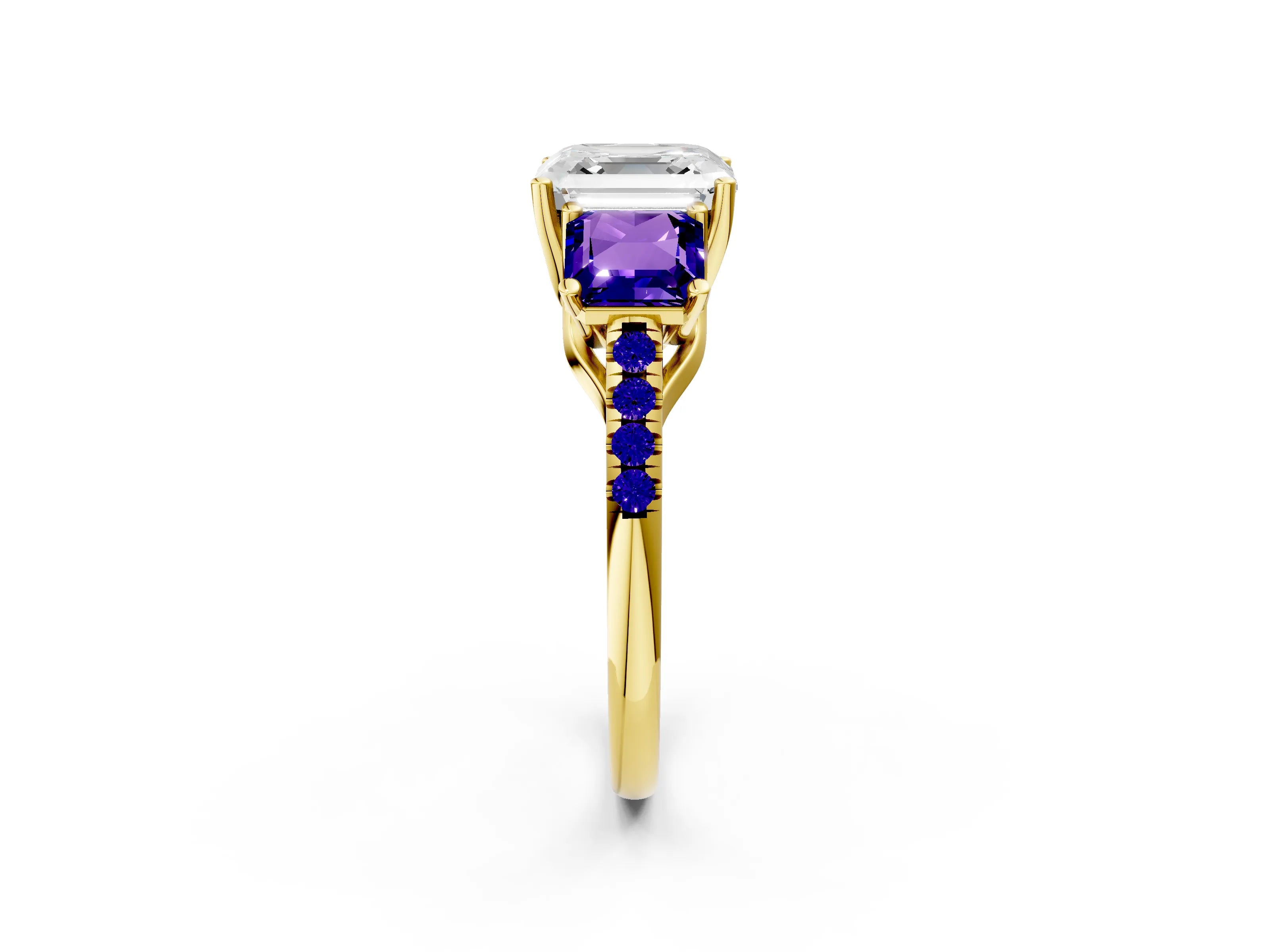 Yellow gold Three-Stone Asscher Cut Diamond Ring with Round with Tanzanite side stone Pavé Band and Prong Setting_2