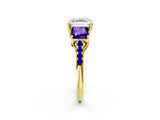 Yellow gold Three-Stone Asscher Cut Diamond Ring with Round with Tanzanite side stone Pavé Band and Prong Setting_2