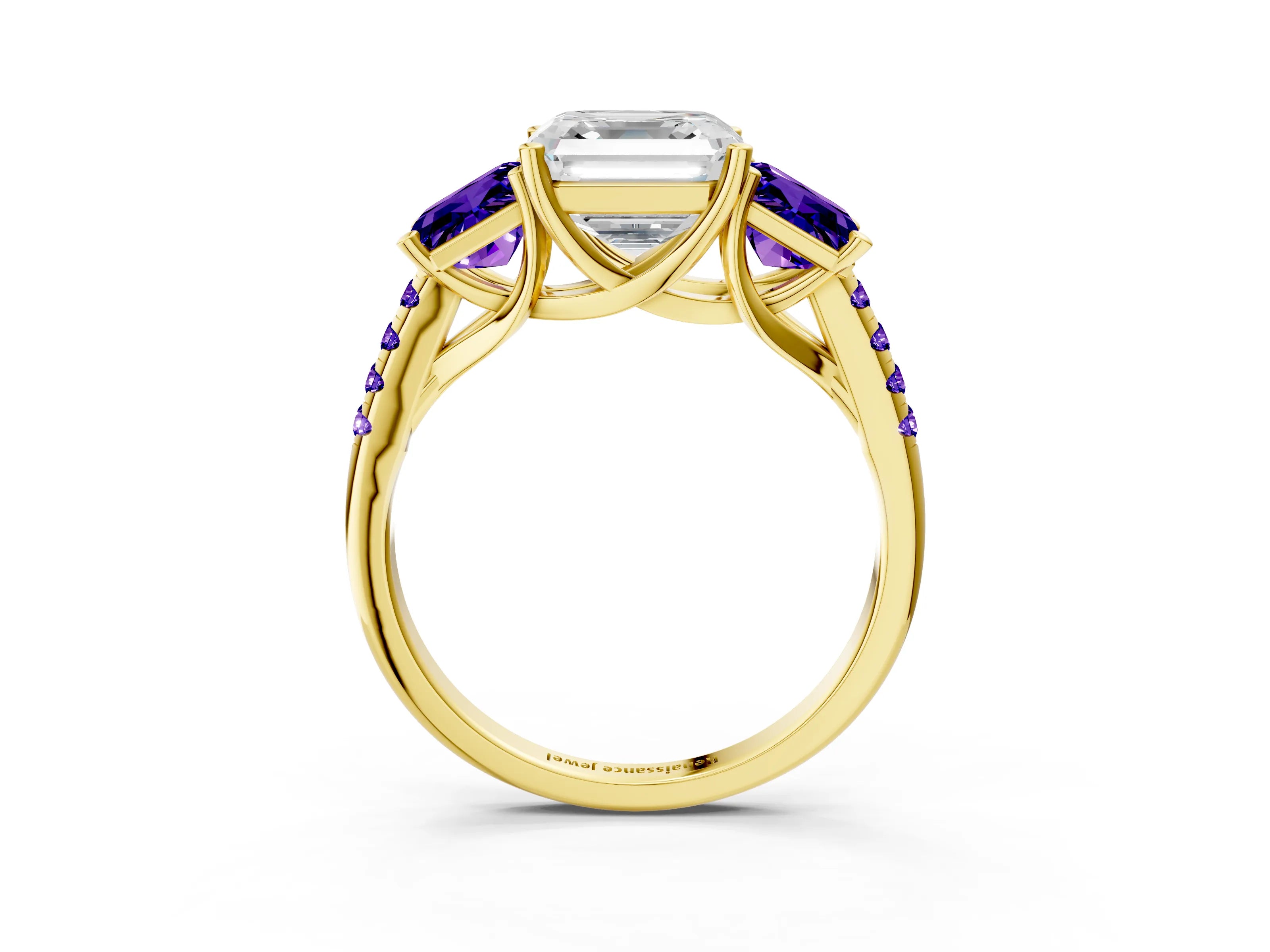 Yellow gold Three-Stone Asscher Cut Diamond Ring with Round with Tanzanite side stone Pavé Band and Prong Setting_3