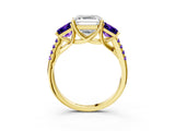 Yellow gold Three-Stone Asscher Cut Diamond Ring with Round with Tanzanite side stone Pavé Band and Prong Setting_3