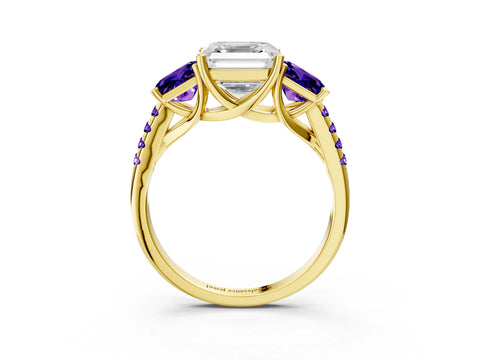 Yellow gold Three-Stone Asscher Cut Diamond Ring with Round with Tanzanite side stone Pavé Band and Prong Setting_3