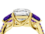 Yellow gold Three-Stone Asscher Cut Diamond Ring with Round with Tanzanite side stone Pavé Band and Prong Setting_4