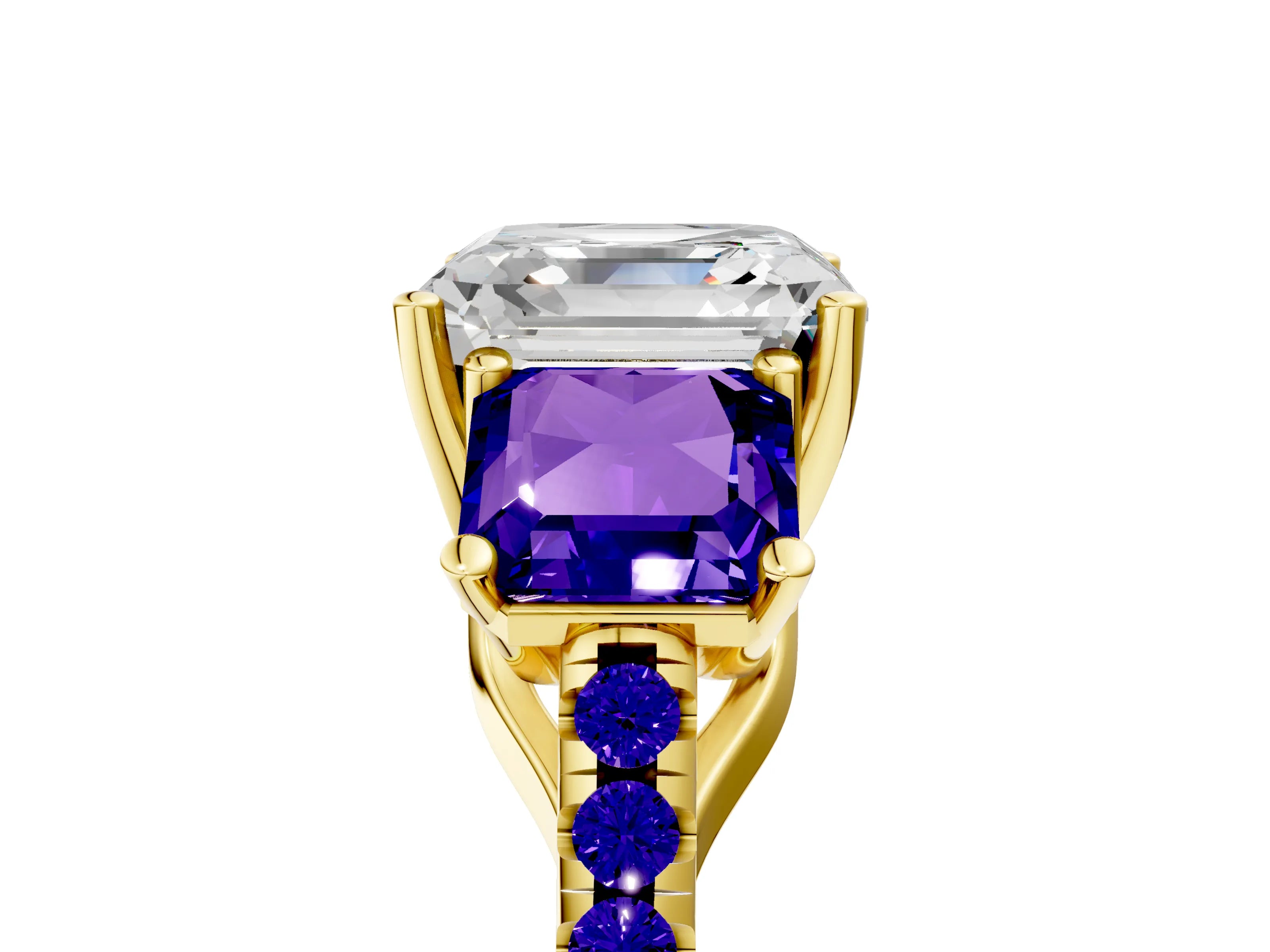 Yellow gold Three-Stone Asscher Cut Diamond Ring with Round with Tanzanite side stone Pavé Band and Prong Setting_5