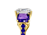 Yellow gold Three-Stone Asscher Cut Diamond Ring with Round with Tanzanite side stone Pavé Band and Prong Setting_5