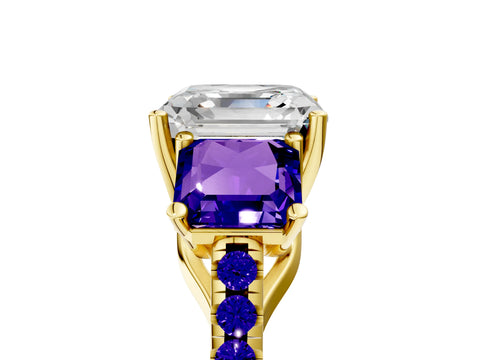Yellow gold Three-Stone Asscher Cut Diamond Ring with Round with Tanzanite side stone Pavé Band and Prong Setting_5