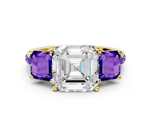 Yellow gold Three-Stone Asscher Cut Diamond Ring with Round with Tanzanite side stone Pavé Band and Prong Setting